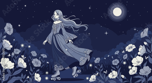 Serene night roller skating through mystical moonlit flower garden illustration