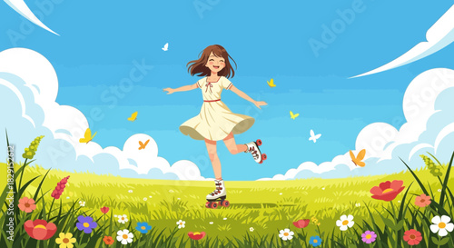 Joyful cartoon woman on roller skates enjoying sunny day in floral meadow