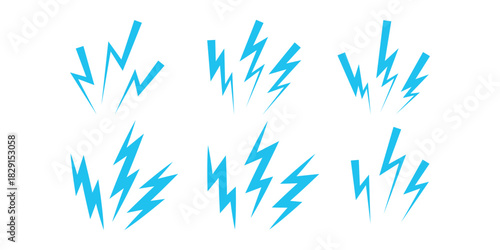 Set of Six Blue Cartoon Lightning Bolt Burst Icons for Electric Shock, Energy, and Power Effects Vector