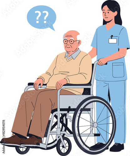 Elderly man in wheelchair receiving assistance from caregiver, healthcare support illustration showing nursing care, senior help, medical aid and compassion