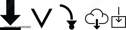 Download arrows icon set with various styles, cloud download symbol, direction indicators, minimal vector collection for interface design and technology