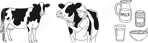 Dairy cow illustration with farmer hugging cow, healthy milk products set, agriculture livestock concept, dairy farming, milk production, farm life drawing