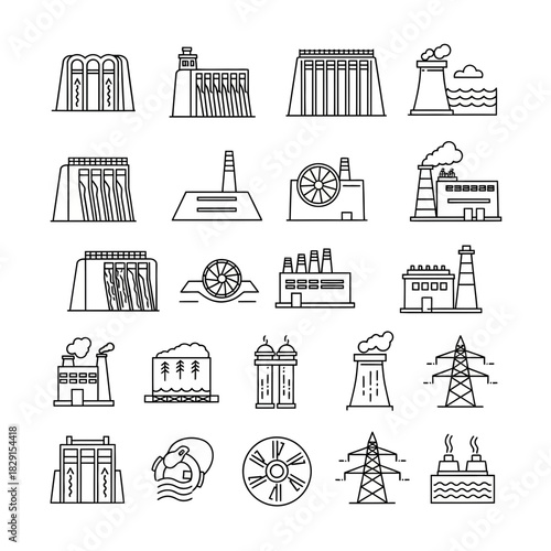 Sustainable energy icons showcasing power generation diversity, hydroelectric dams, factories, and power lines representing clean energy and industrial production