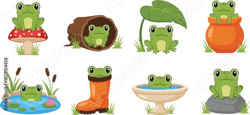 Cute cartoon frog collection sitting in various nature and garden environments, playful amphibian illustrations for kids, wildlife, decoration, education
