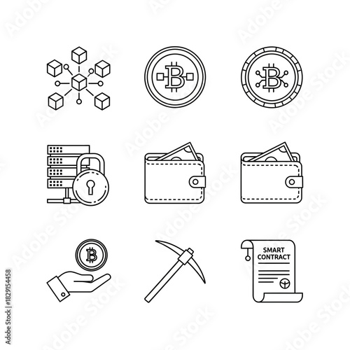 Cryptocurrency and blockchain technology vector icons illustrate finance, investment, and smart contracts for modern investors looking for digital assets