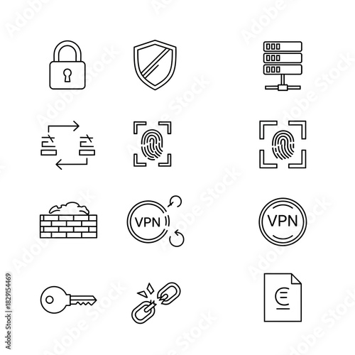 Secure your digital world with these modern security icons: padlock, shield, fingerprint scan, firewall, VPN, data server, encryption, key, broken link, document