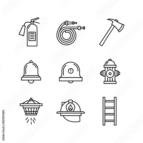 Essential firefighting tools for saving lives and protecting property, featuring fire extinguisher, hose, axe, bell, hydrant, helmet, ladder, safety, prevention