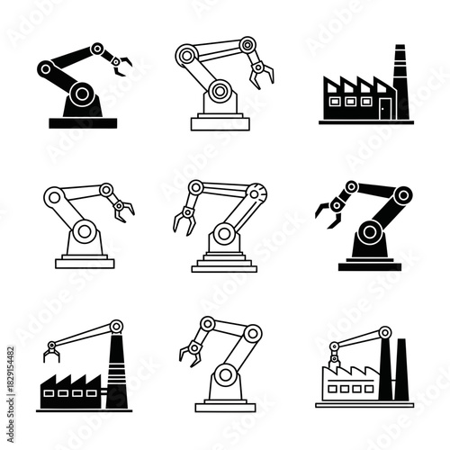 Streamlined automation icons showcasing robotic arms and factories for modern manufacturing and industry 4.0 applications, originally a scalable vector graphic