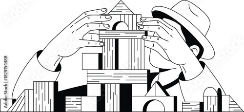 Creative illustration of person building complex wooden block structure, teamwork concept, strategic planning, problem solving, construction process, abstract line art design
