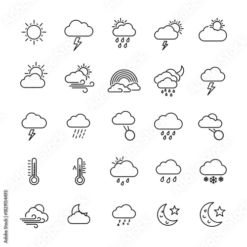 Weather forecast icons deliver essential climate data, from sunny days to rainstorms and snowy nights, with clear and concise visual representation