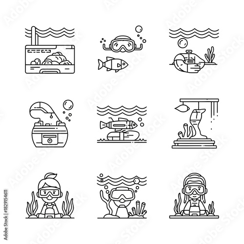 Explore Underwater Adventures: Diving, Submarines, and Marine Life in Line Art Style - Perfect for Ocean Lovers and Aquatic Explorations, originally a vector
