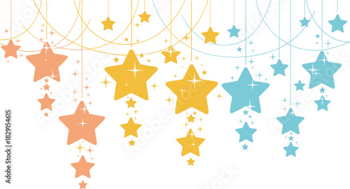 Colorful hanging star decorations with sparkling lights, festive celestial ornaments creating whimsical night sky atmosphere for celebration, holiday, party design