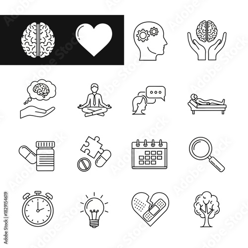 Mental wellness concept with brain, heart, meditation, therapy, and recovery icons, suggesting health, mindfulness, balance, and healing for well-being