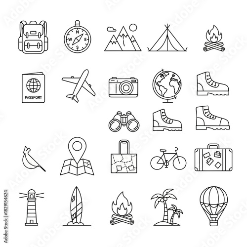 Plan your next adventure with these outline icons representing backpacking, camping, and exploring the world, perfect for travel blogs and guides