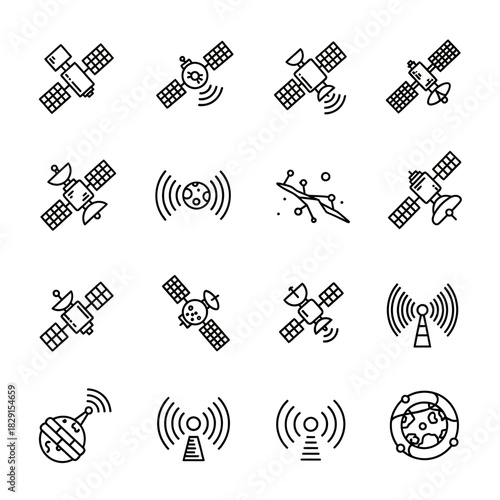 Modern line art icons representing global communication satellites and data transmission, ideal for technology companies, space agencies, and digital services