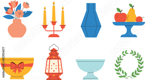 Colorful decorative home elements with vases, candles, fruit bowl, lantern, wreath, elegant interior decoration icons for modern design projects