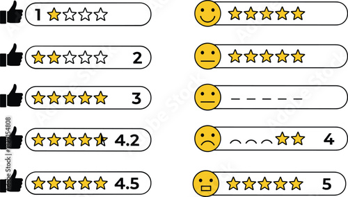 Collection of rating and review icons with stars, emojis, and thumbs up symbols for user feedback, evaluation scores, and customer satisfaction design