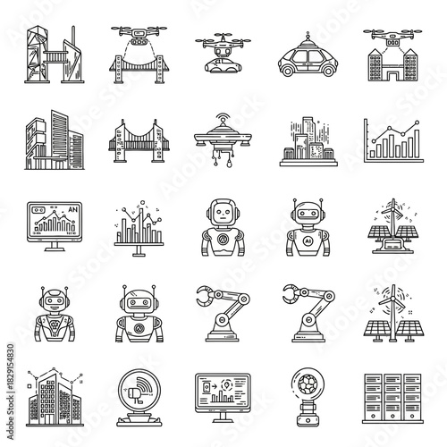 Futuristic technology icons showcasing innovation, AI, robotics, and sustainable energy solutions for a modern, connected world originally from vector graphics