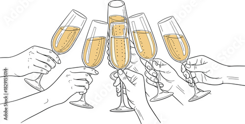 Celebratory hands toasting with champagne glasses in elegant line art style, festive party moment, sparkling drink illustration for holiday celebrations