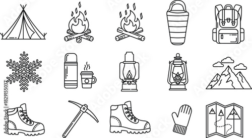 Camping and hiking line icons collection featuring tent, campfire, backpack, boots, mountains, lantern, gear and outdoor adventure essentials