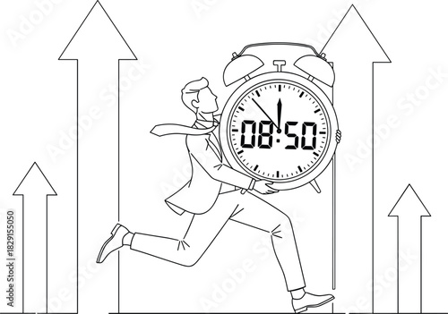 Businessman running with large alarm clock symbolizing urgency, deadline pressure, time management, productivity growth, career rush, efficiency improvement concept illustration
