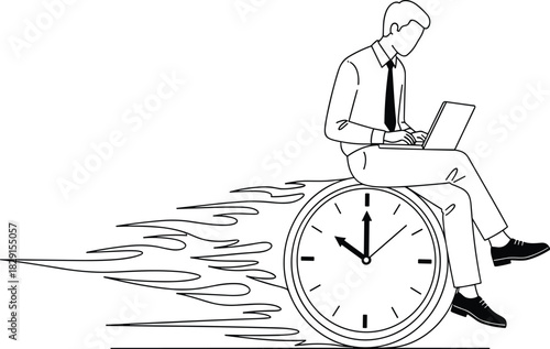 Businessman working on laptop while riding fast moving clock, symbolizing time management, productivity, deadline pressure, speed and modern work efficiency illustration