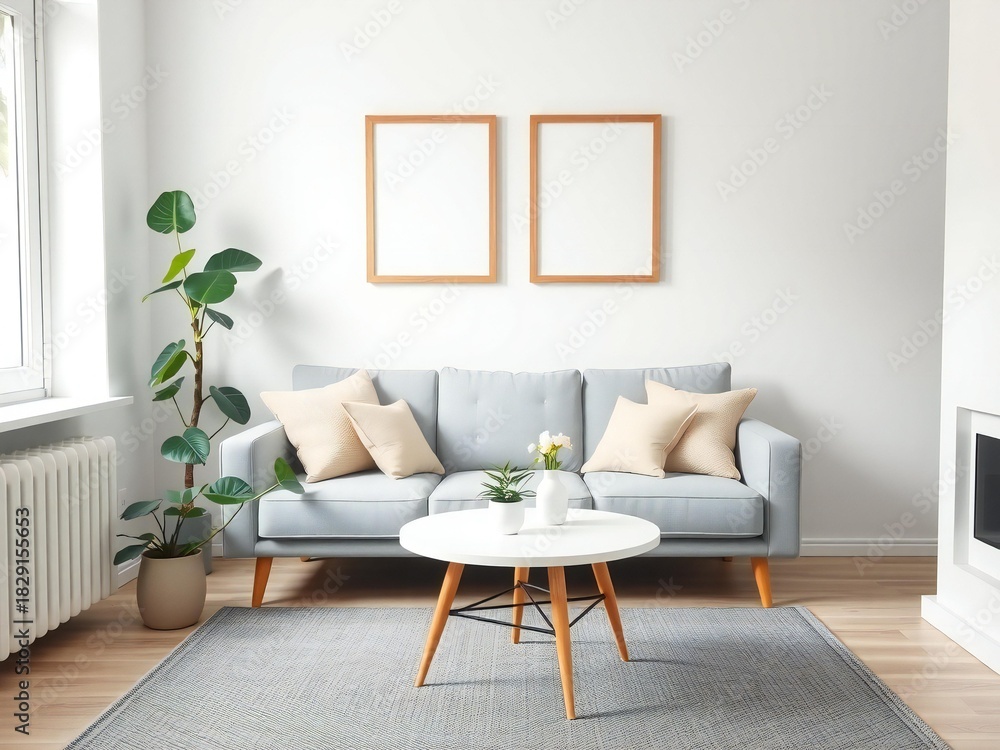 Obraz premium Bright and airy living room with a light blue sofa and modern decor