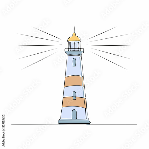 Lighthouse tower in one continuous line drawing. Light house with beams of light shining in all directions in simple linear style.