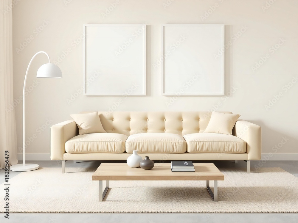 Fototapeta premium Modern living room with cream sofa and two blank frames on wall