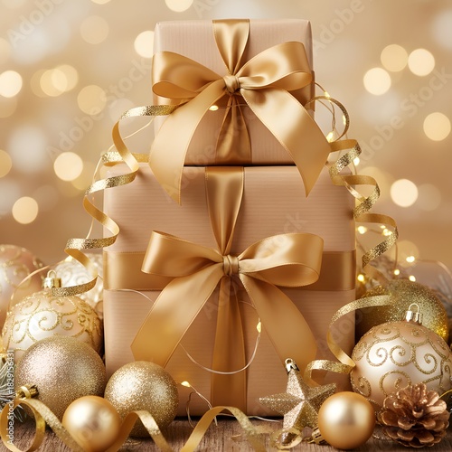 Gold Gift Boxes with Christmas Decorations