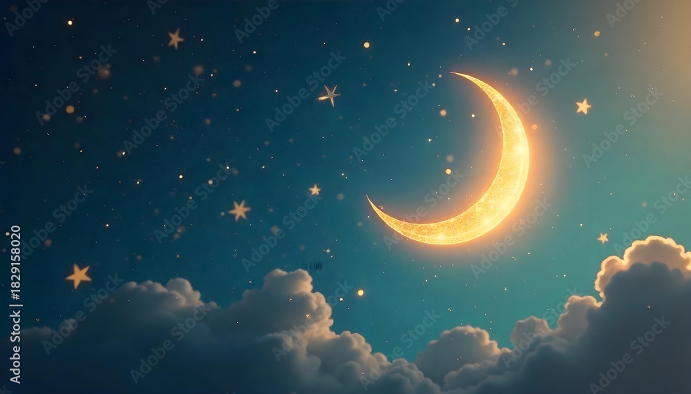Naklejka premium A serene crescent moon and stars in a twilight sky, reflecting the beauty and tranquility of Ramadan celebrations