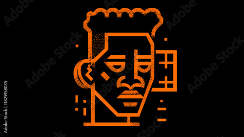 Modern geometric line art illustration of a man's head with an afro hairstyle, minimalist design on black background, vector graphic.