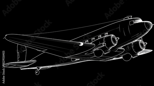 Vintage Propeller Airplane Line Art Illustration on Black Background - Retro Aviation Transport Aircraft Design