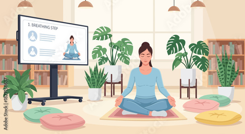 Indoor yoga session guided by a digital display, enhancing wellness at home