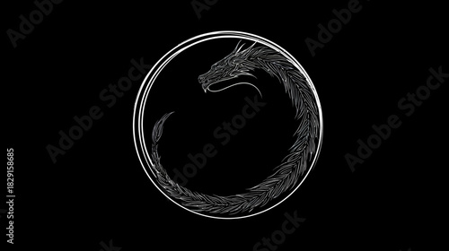Detailed Ouroboros Dragon Symbol Line Art on Black Background. Mythical Serpent Eating Tail, Eternity Circle Graphic Design.