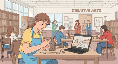 Captivating creative arts class with students sculpturing and learning online