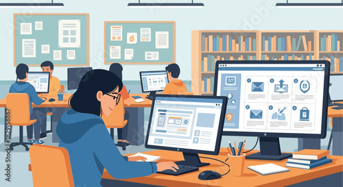 Creative workspace: team collaboration on digital projects with modern design computers