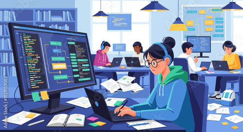 Creative depiction of a modern, collaborative software development workspace filled with programmers