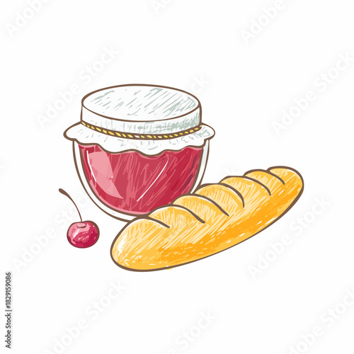 Doodle of baguette and jam. Whimsical icon of breakfast in simple crayon and sketch style.