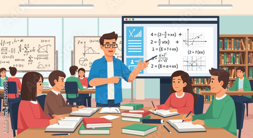 Engaging mathematics lecture illustrated with students and equations on board