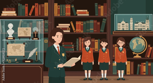 Illustration depicting a school setting with students and display of historical artifacts
