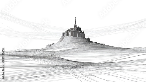 Abstract line art drawing of a majestic fortified island settlement with a prominent spire, historical architectural sketch.