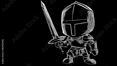 Chibi Medieval Knight Cartoon Illustration with Sword and Armor on Black Background, Hand-Drawn Sketch Style Fantasy Warrior Character