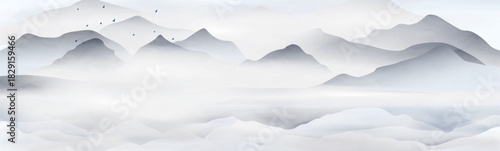Art background featuring mountains and birds in a foggy sky in a modern, minimalist style with a watercolor texture. Landscape natural banner for decor, wallpaper, packaging, prints, and interior.