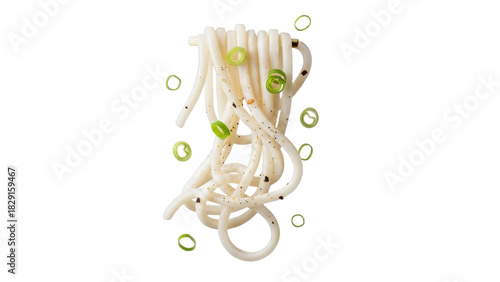 Elevated culinary art featuring noodles garnished with fresh green scallions against a pristine white backdrop for sophisticated dining experiences