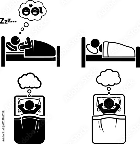 Sleeping Person Dreaming on Bed Stick Figure Pictogram Set