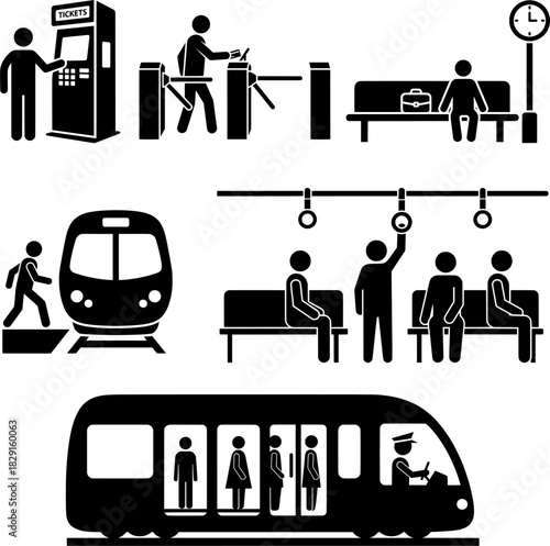 Public Transportation Commuting Subway Train Station Pictogram Set