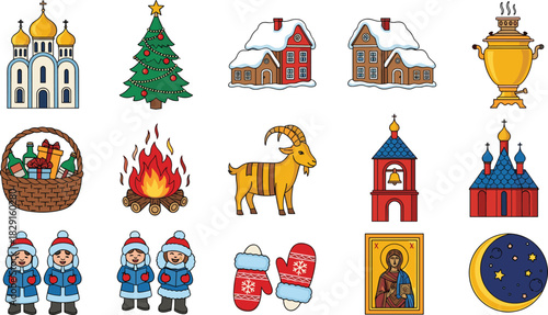 Traditional Russian winter holiday icons, including cathedral, Christmas tree, gifts, bonfire, samovar, mittens, moon, goat, children, and festive houses illustration