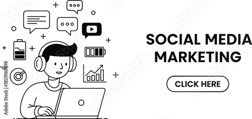 Social media marketing illustration showing person using laptop with digital icons, communication symbols, analytics elements, online promotion workflow and modern technology concepts