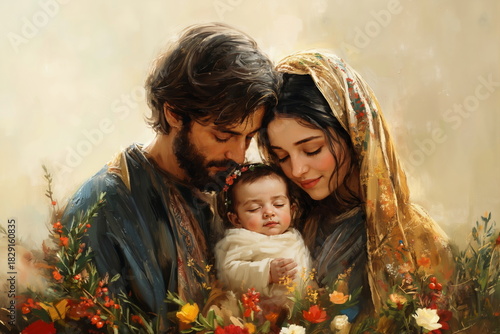 Virgin Mary, Saint Joseph, and baby Jesus. Religious painting of Holy family in field flowers